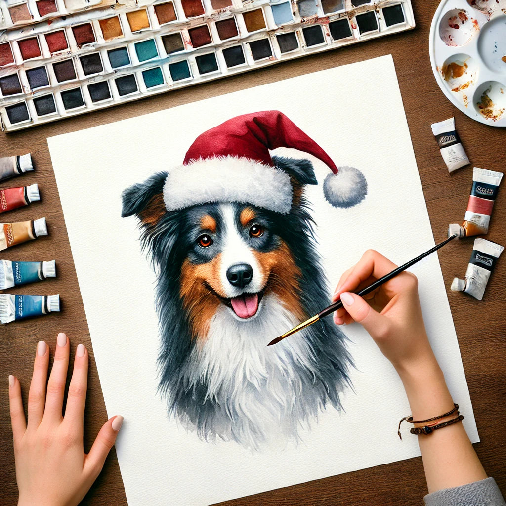 Christmas Personalized Dog Portrait From Photo 100% Watercolor Hand Painting