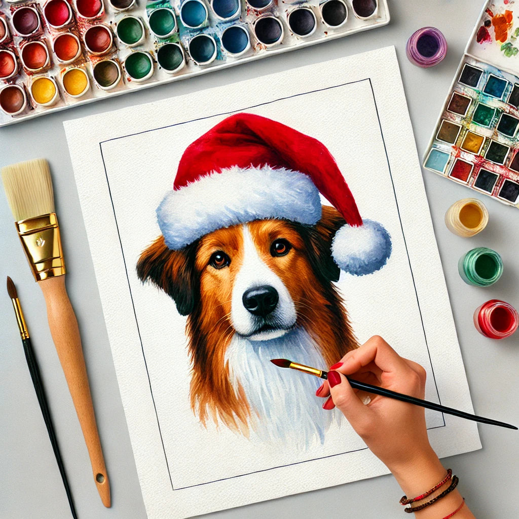 Christmas Personalized Dog Portrait From Photo 100% Watercolor Hand Painting