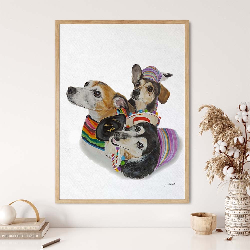 TRIPLE Custom Pet Portrait From Photo 100% Watercolor Hand Painting