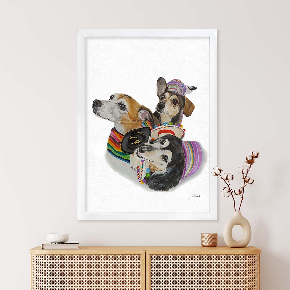 TRIPLE Custom Pet Portrait From Photo 100% Watercolor Hand Painting