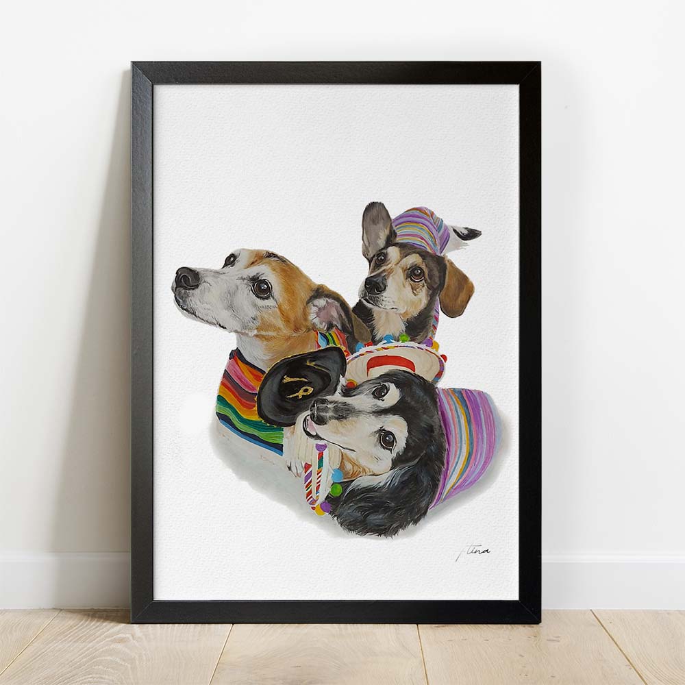 TRIPLE Custom Pet Portrait From Photo 100% Watercolor Hand Painting